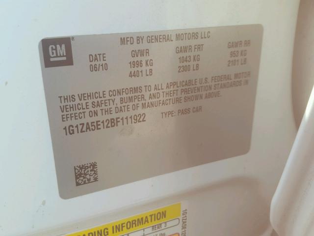 1G1ZA5E12BF111922 - 2011 CHEVROLET MALIBU LS თეთრი ფოტო 10