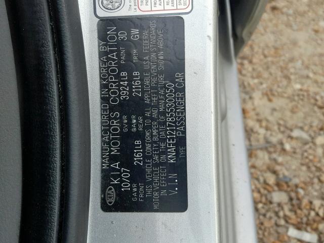 KNAFE121785530050 - 2008 KIA SPECTRA EX SILVER photo 10