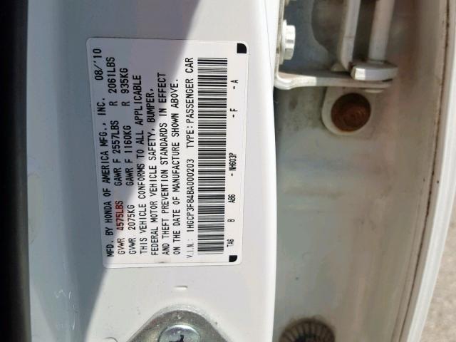 1HGCP3F84BA000203 - 2011 HONDA ACCORD EXL WHITE photo 10