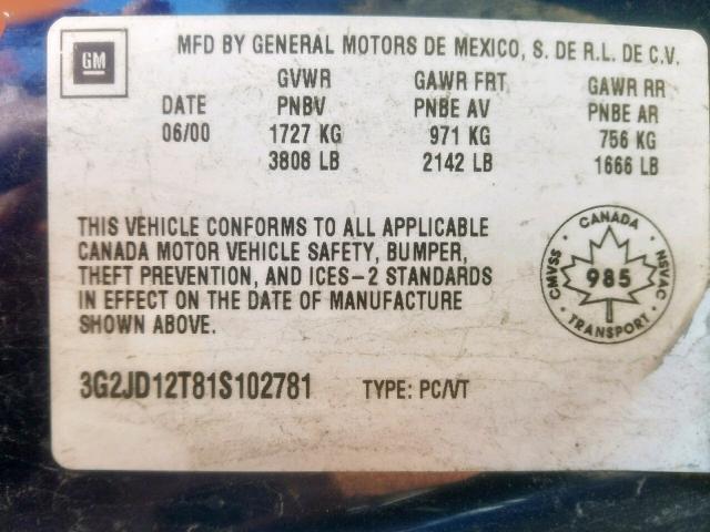 3G2JD12T81S102781 - 2001 PONTIAC SUNFIRE GT BLUE photo 10