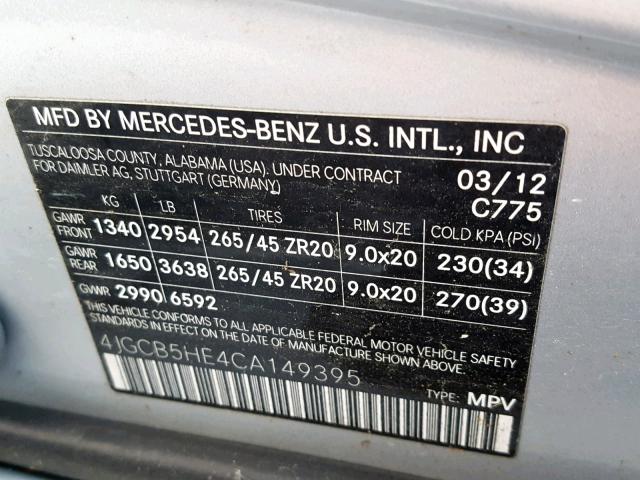 4JGCB5HE4CA149395 - 2012 MERCEDES-BENZ R 350 4MAT SILVER photo 10