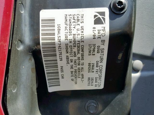 1G8AL52F74Z175139 - 2004 SATURN ION LEVEL RED photo 10
