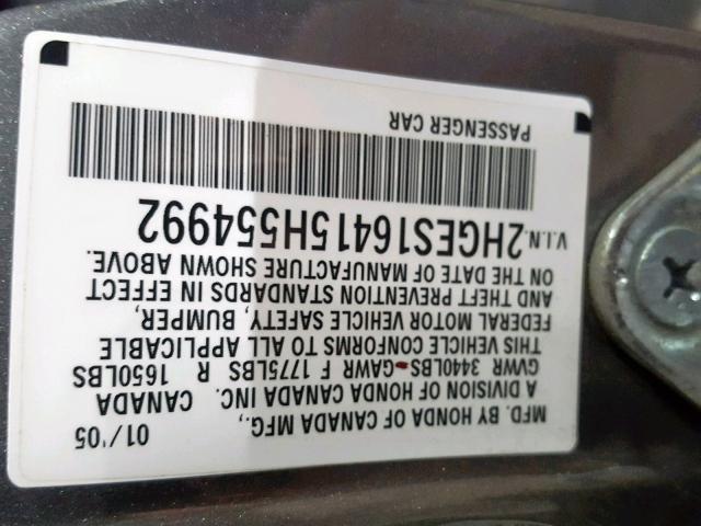 2HGES16415H554992 - 2005 HONDA CIVIC DX GRAY photo 10