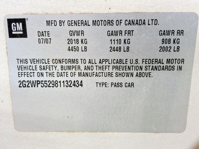 2G2WP552981132434 - 2008 PONTIAC GRAND PRIX TAN photo 10