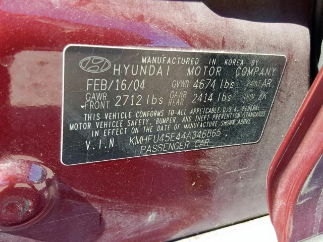 KMHFU45E44A346865 - 2004 HYUNDAI XG 350 MAROON photo 10