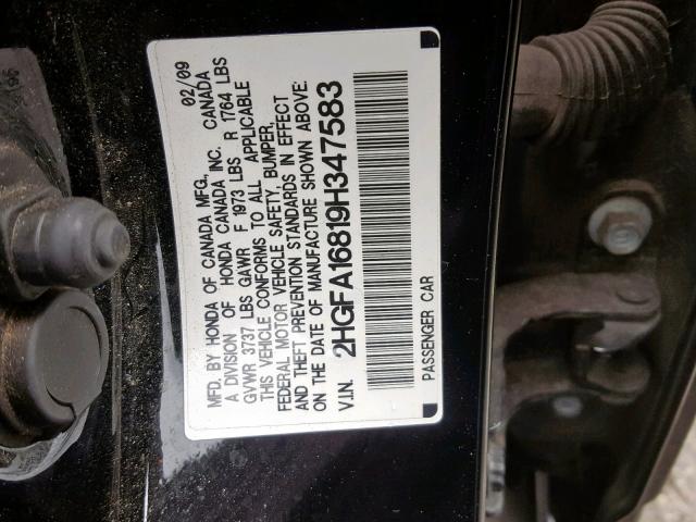 2HGFA16819H347583 - 2009 HONDA CIVIC EX BLACK photo 10