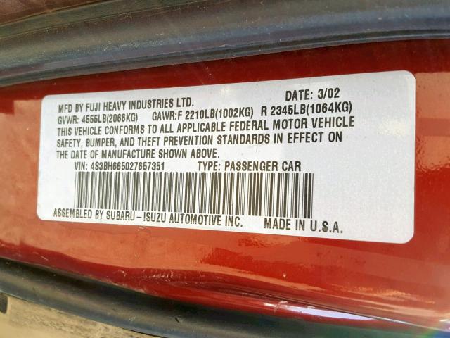 4S3BH665027657351 - 2002 SUBARU LEGACY OUT BURGUNDY photo 10