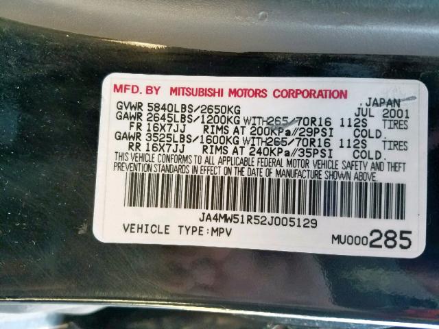 JA4MW51R52J005129 - 2002 MITSUBISHI MONTERO LI BLACK photo 10