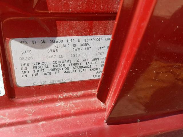 KL1TD56687B075772 - 2007 CHEVROLET AVEO BASE Қызыл фото 10