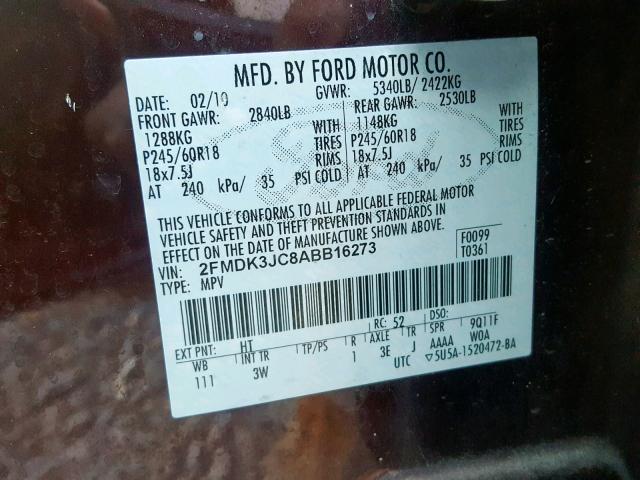 2FMDK3JC8ABB16273 - 2010 FORD EDGE SEL BURGUNDY photo 10