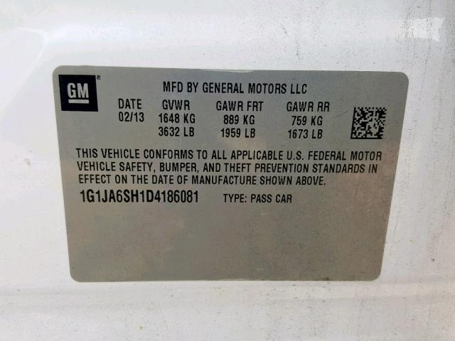 1G1JA6SH1D4186081 - 2013 CHEVROLET SONIC LS 白色 照片 10