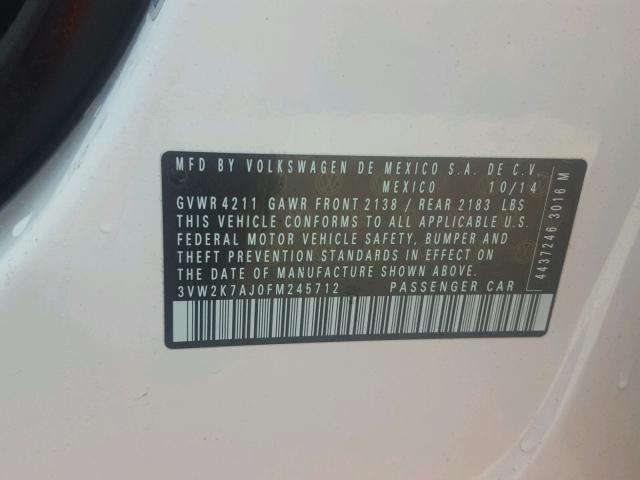 3VW2K7AJ0FM245712 - 2015 VOLKSWAGEN JETTA BASE 白色 照片 10