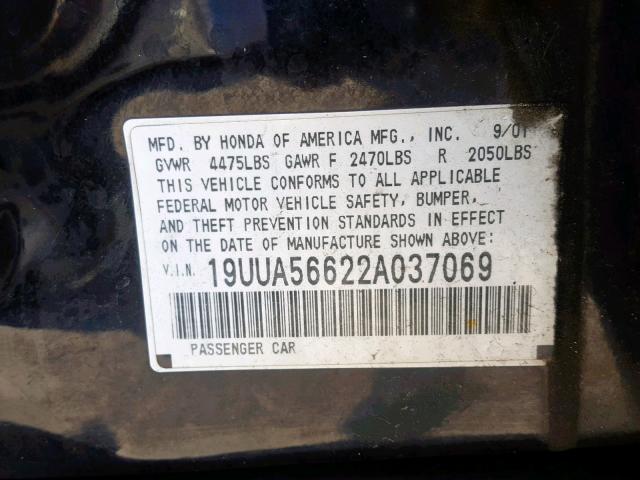 19UUA56622A037069 - 2002 ACURA 3.2TL BLACK photo 10