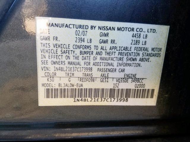 1N4BL21E37C173998 - 2007 NISSAN ALTIMA 3.5 GRAY photo 10