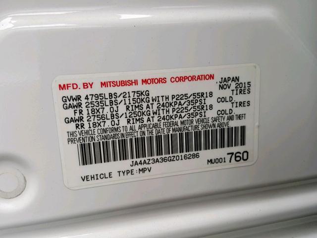 JA4AZ3A36GZ016286 - 2016 MITSUBISHI OUTLANDER WHITE photo 10