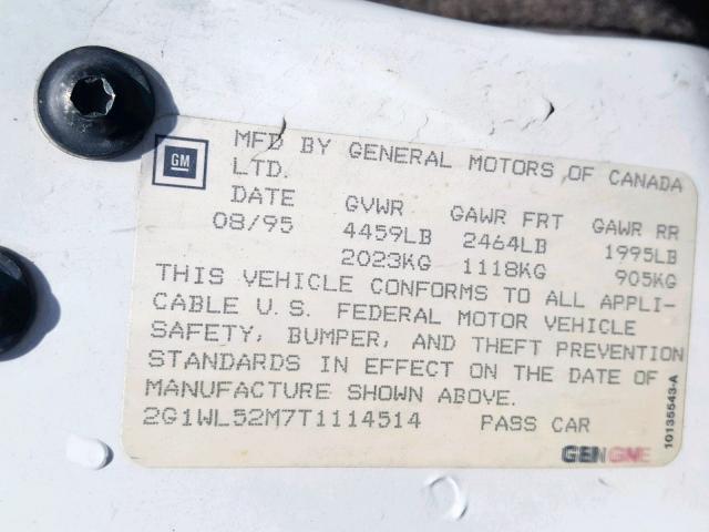 2G1WL52M7T1114514 - 1996 CHEVROLET LUMINA WHITE photo 10