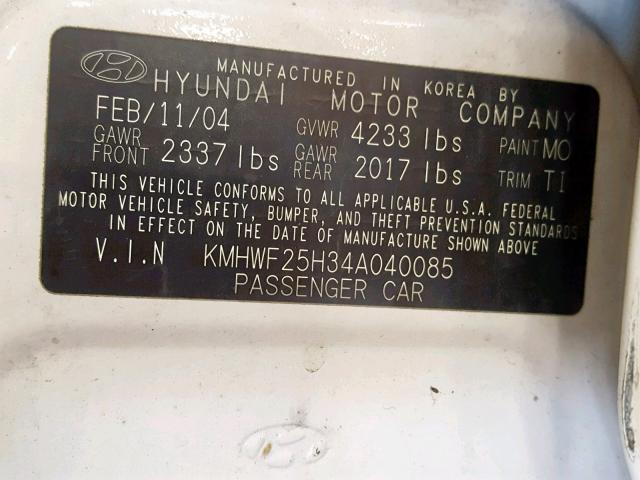 KMHWF25H34A040085 - 2004 HYUNDAI SONATA GL WHITE photo 10