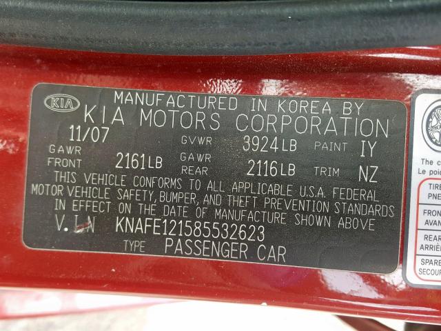 KNAFE121585532623 - 2008 KIA SPECTRA EX RED photo 10