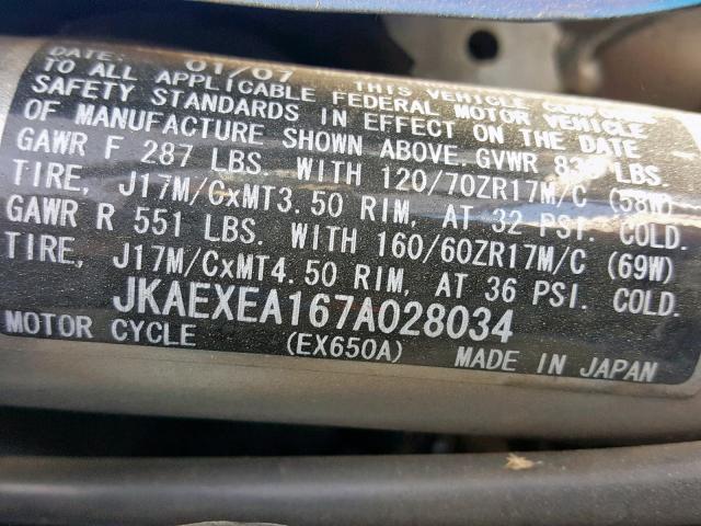 JKAEXEA167A028034 - 2007 KAWASAKI EX650 A Mavi foto 10
