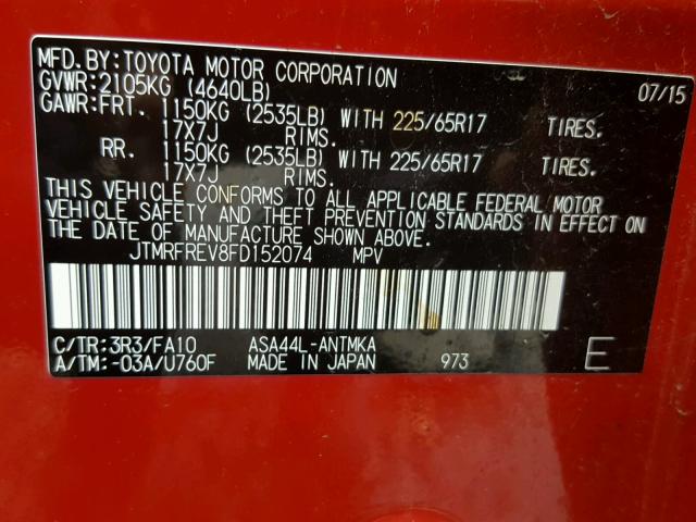 JTMRFREV8FD152074 - 2015 TOYOTA RAV4 XLE RED photo 10