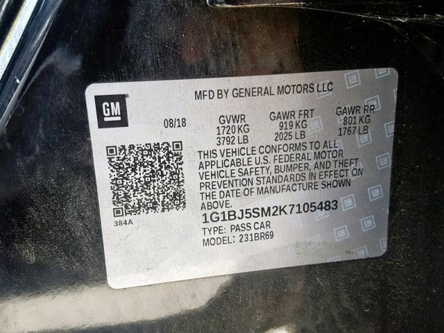 1G1BJ5SM2K7105483 - 2019 CHEVROLET CRUZE BLACK photo 10