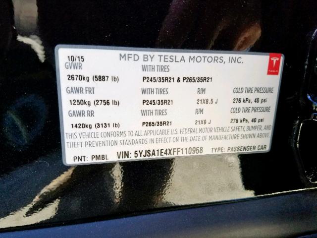 5YJSA1E4XFF110958 - 2015 TESLA MODEL S BLACK photo 10