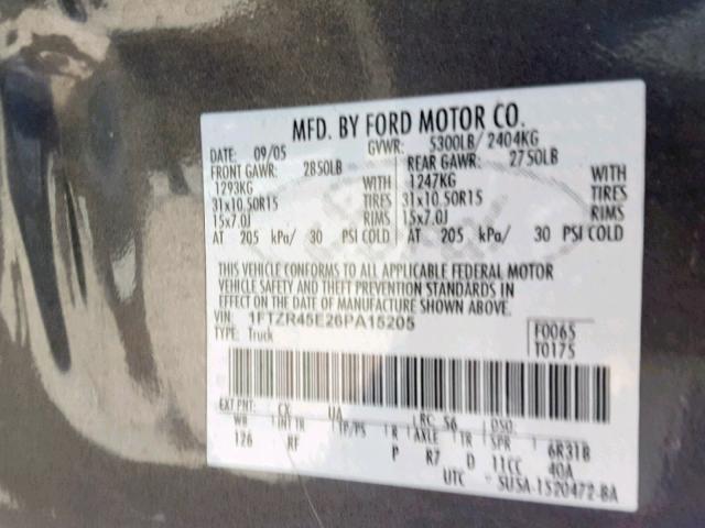 1FTZR45E26PA15205 - 2006 FORD RANGER SUP CHARCOAL photo 10