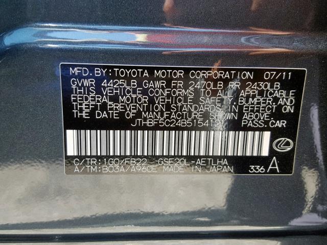 JTHBF5C24B5154121 - 2011 LEXUS IS 250 GRAY photo 10