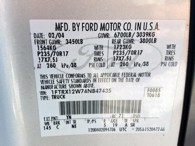 1FTRX12W74NB47435 - 2004 FORD F150 SILVER photo 10