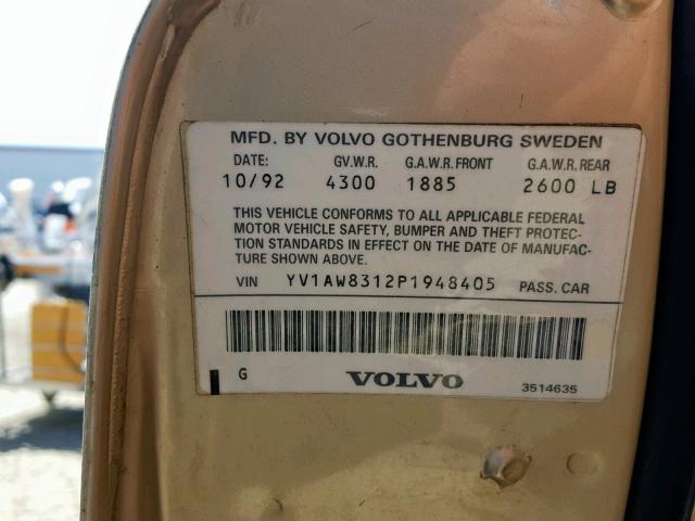 YV1AW8312P1948405 - 1993 VOLVO 240 TAN photo 10