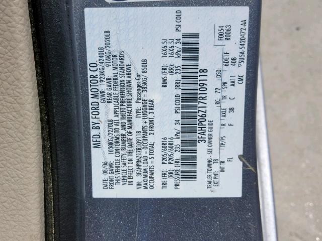 3FAHP06Z17R109118 - 2007 FORD FUSION S GRAY photo 10