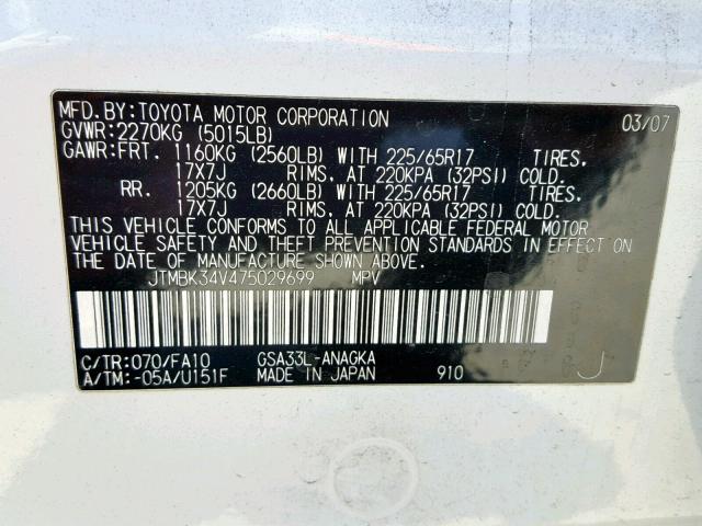 JTMBK34V475029699 - 2007 TOYOTA RAV4 LIMIT WHITE photo 10