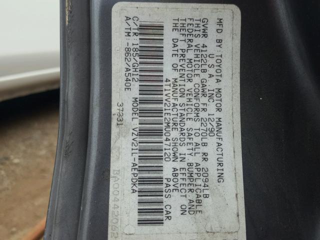 4T1VV21E2MU047120 - 1991 TOYOTA CAMRY DLX GRAY photo 10