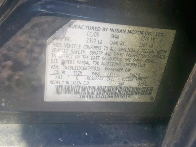 1N4BL11D16N365019 - 2006 NISSAN ALTIMA SE BLACK photo 10