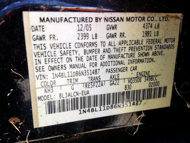 1N4BL11D86N351487 - 2006 NISSAN ALTIMA SE BLACK photo 10