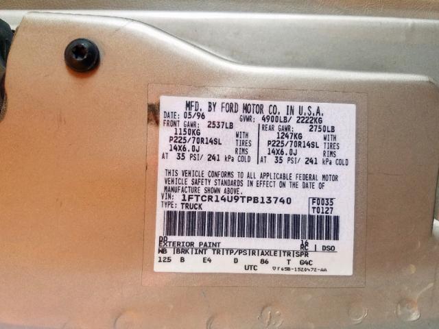 1FTCR14U9TPB13740 - 1996 FORD RANGER SUP TAN photo 10