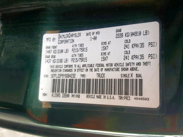 1B7FL22P9YS684232 - 2000 DODGE DAKOTA GREEN photo 10