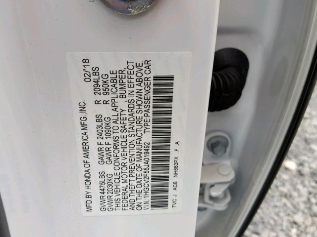 1HGCV2F55JA019492 - 2018 HONDA ACCORD EXL WHITE photo 10