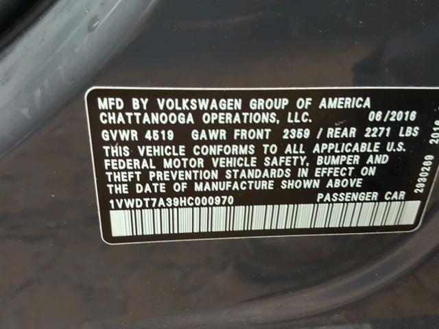 1VWDT7A39HC000970 - 2017 VOLKSWAGEN PASSAT R-L GRAY photo 10