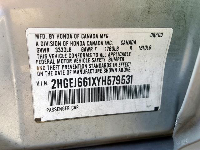 2HGEJ661XYH579531 - 2000 HONDA CIVIC BASE SILVER photo 10