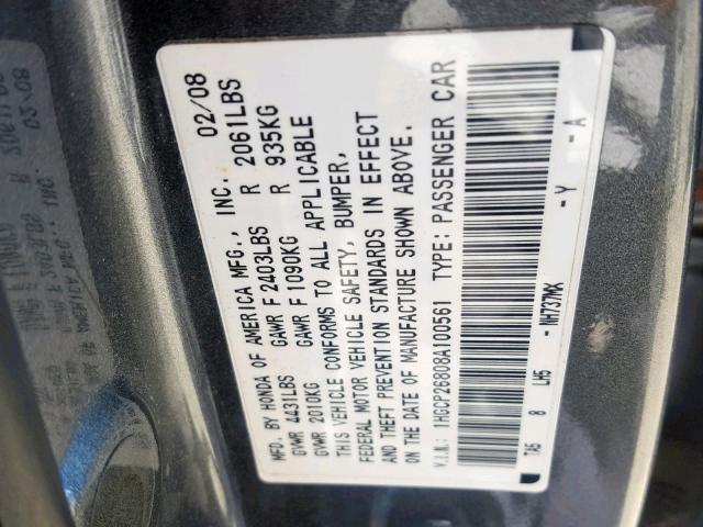 1HGCP26808A100561 - 2008 HONDA ACCORD EXL GRAY photo 10