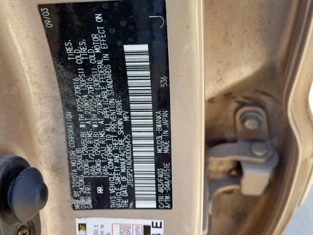 JTEGP21A040006475 - 2004 TOYOTA HIGHLANDER GOLD photo 10