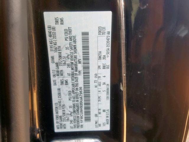 1FMCU9H92DUA79836 - 2013 FORD ESCAPE SEL BLACK photo 10