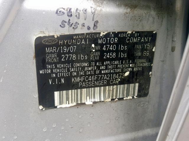 KMHFC46F77A218473 - 2007 HYUNDAI AZERA SE SILVER photo 10