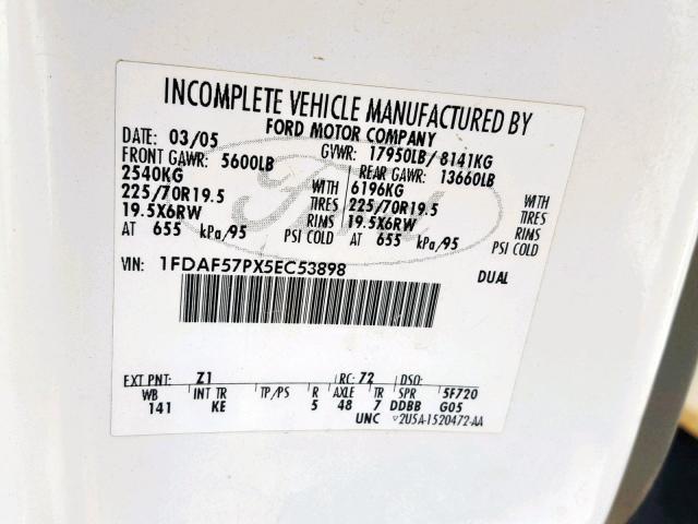 1FDAF57PX5EC53898 - 2005 FORD F550 SUPER WHITE photo 10