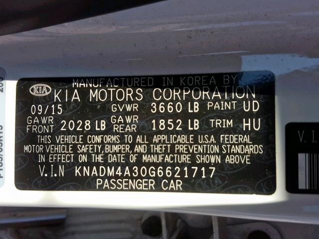 KNADM4A30G6621717 - 2016 KIA RIO LX WHITE photo 10