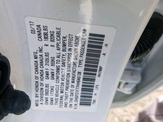 2HGFC1F77HH646138 - 2017 HONDA CIVIC EXL 白色 照片 10