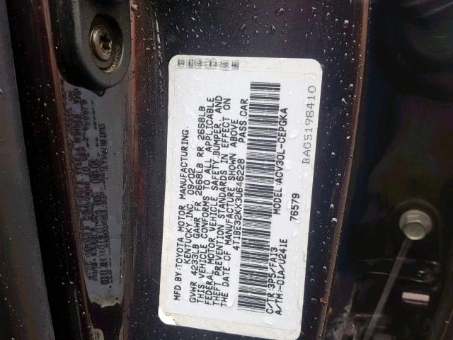 4T1BE32KX3U646228 - 2003 TOYOTA CAMRY LE BROWN photo 10