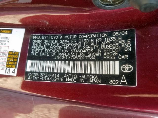 JTKDE177X50017934 - 2005 TOYOTA SCION TC 紫色 照片 10