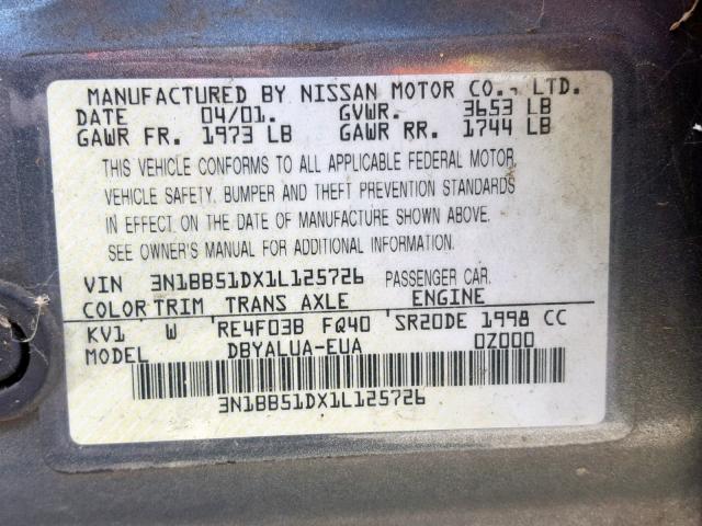 3N1BB51DX1L125726 - 2001 NISSAN SENTRA SE GRAY photo 10